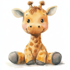 Cute watercolor illustration of kid giraffe doll, smiling joyfully