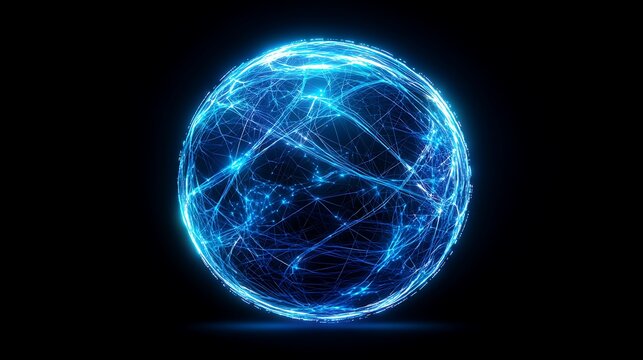 A hyperconnected globe visualization, a blue digital sphere with intersecting lines forming an intricate web, bright neon lines glowing intensely, deep shadows, high-resolution quality,