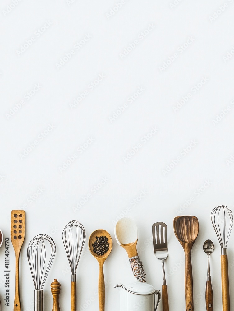 Poster flat lay showcases various kitchen utensils like spatulas and whisks on a white background, offering