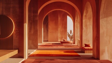 Obraz premium Warm orange hallway with arches and couches creating a cozy atmosphere in a modern architectural design