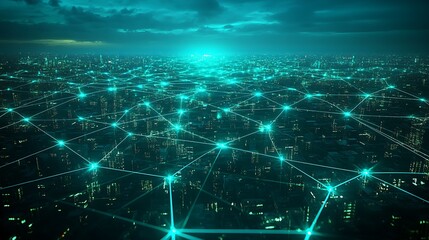 Obraz premium A smart city skyline illuminated by beams of light connecting buildings, vibrant data streams linking globally, intense neon blue and green lighting, deep shadows, photorealistic render,