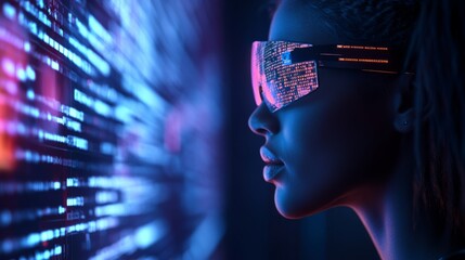 Modern technology background featuring a woman using tablet with holographic coding overlay, digital data analytics, cybersecurity research, and futuristic 3d screen in a night setting for innovative 