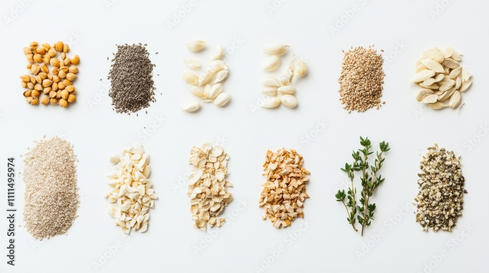 Aufkleber array of organic seeds, nuts, and herbs laid out on a white surface, displaying a variety of texture