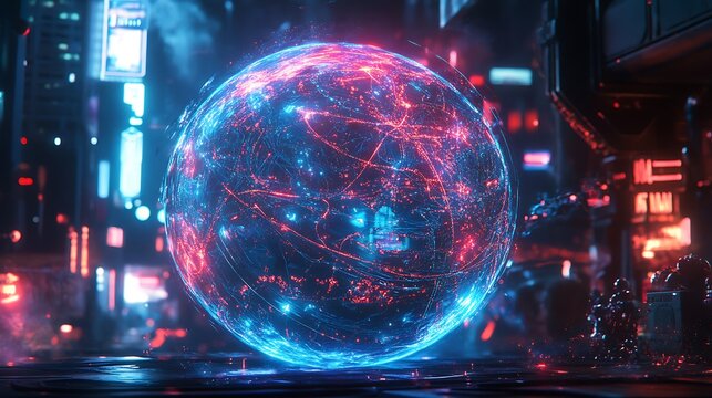 An abstract depiction of a hyperconnected globe, a blue digital sphere wrapped in vibrant crisscrossing lines, glowing paths forming a complex network, dark tech-themed background, intricate details,