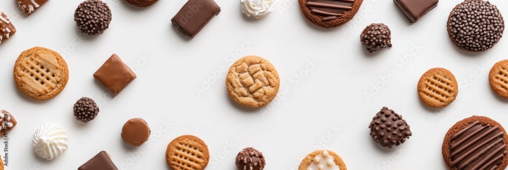 Poster Colorful array of cookies and sweets arranged on a white background creates an inviting atmosphere with ample space for personal messages. Generative AI