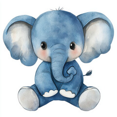 Watercolor illustration of cute blue elephant doll, perfect for kids decor