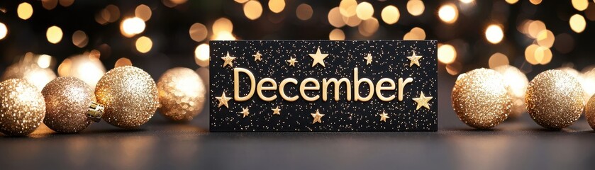 A festive display featuring the word "December" surrounded by golden ornaments and a starry backdrop, capturing the spirit of the holiday season.