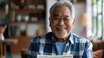 Senior man smiling joyfully as he receives a retirement payment check in a cozy living room, celebrating financial security and peaceful home life.