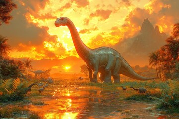 Brachiosaurus in Prehistoric Landscape with Dinosaurs in Green Grass and Blue Sky During Golden Hour