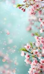 Fototapeta premium Spring sale , banner for website, copy space for text, a serene and artistic depiction of cherry blossoms. The background is a soft, blurred turquoise color, giving a dreamy effect