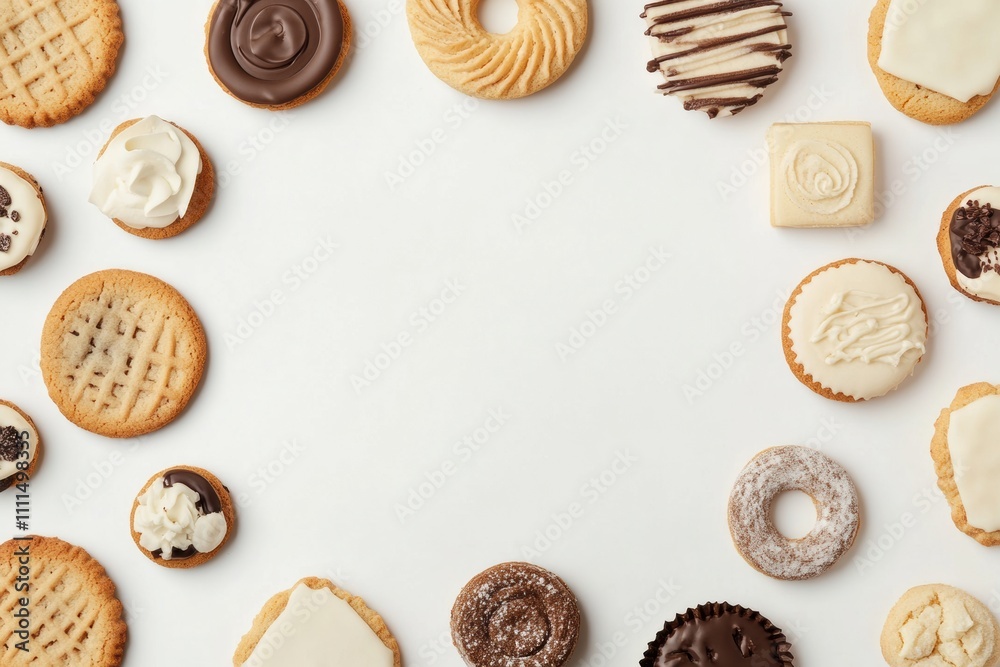 Poster A delightful display of various cookies and sweets features a mix of flavors and textures, perfect for a dessert-themed project or event. Generative AI