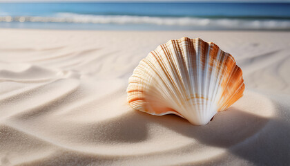 A beautiful shell is placed on white sand with soft shadows for a natural effect