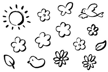 筆タッチのかわいいアイテムのモノクロ線画イラストセット