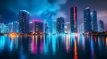 Fototapeta premium Night Cityscape Reflecting in Calm Waters