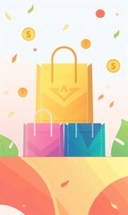 Fototapeta premium Price reduction, banner for website, copy space for text, an illustration featuring three shopping bags. The largest bag is yellow and positioned at the top, with a handle and a simple design.
