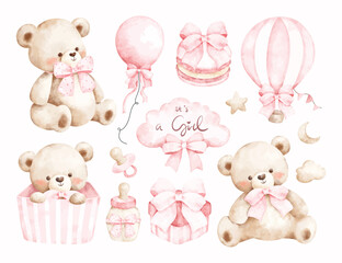 Watercolor Illustration Set of Teddy Bear Nursery Theme and Baby Shower Elements