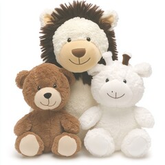 Adorable plush lion, bear, and lamb toys.