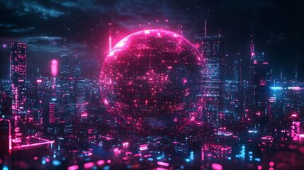 Fototapeta premium An illuminated Earth showing interconnected IoT devices across major cities, data streams like glowing threads connecting smart devices, a cyberpunk-inspired digital network overlay,