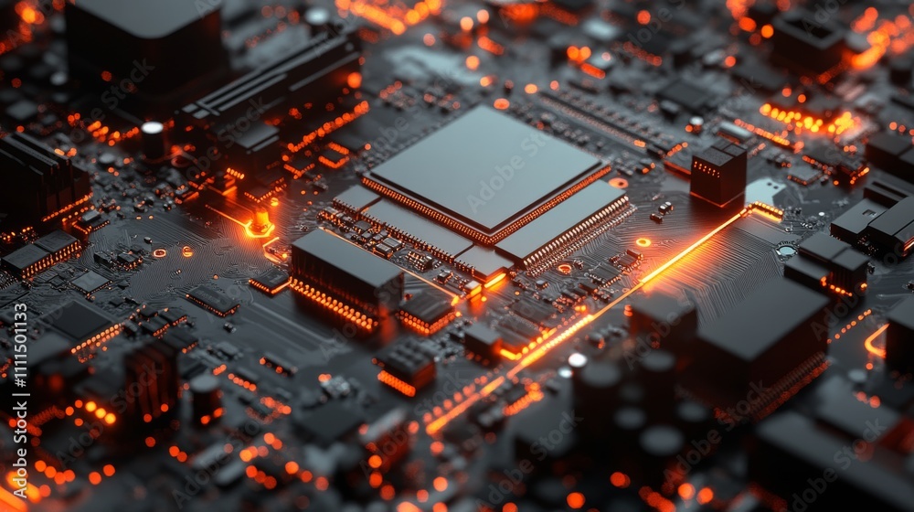 Poster abstract technology background featuring a detailed computer motherboard with dynamic circuitry and 