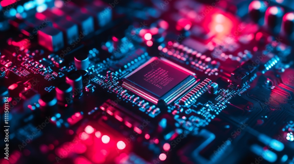 Poster abstract technology background featuring a detailed computer motherboard with dynamic circuitry and 