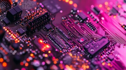 Obraz premium Abstract technology background featuring a detailed computer motherboard with dynamic circuitry and futuristic elements, ideal for representing advanced technological processes, digital innovation, an