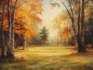 Fototapeta premium Autumn Woodland Path: A Golden Hour Painting