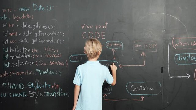 Back view of student writing engineering prompt on blackboard. Handsome clever child or boy planing a project by using coding and programing system in STEM technology classroom. Closeup. Erudition.