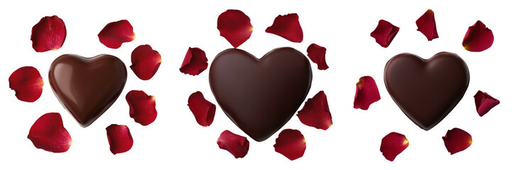 Fototapeta premium Chocolates romantic gestures concept. Chocolate hearts surrounded by rose petals create romantic atmosphere