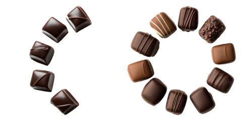 Chocolates romantic gestures concept. Elegant dark chocolates arranged in spiral pattern, showcasing variety