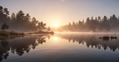 Fototapeta premium A serene lake at sunrise with mist rising from the water's surface , sunrise, nature, lake