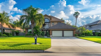 Obraz premium Beautiful Suburban Home Surrounded by Lush Green Grass and Palm Trees Under a Bright Blue Sky with Fluffy White Clouds