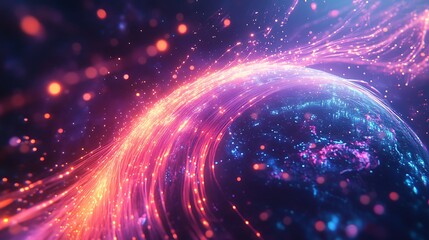 Fototapeta premium An illuminated globe with swirling fiber optic cables emitting a vibrant glow, bright data pulses moving through the strands, deep space-themed background, high-definition details, cinematic lighting,