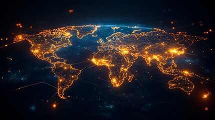 Obraz premium An illuminated world map with interconnected glowing nodes, vibrant digital lines forming a global network, dark space-themed background, high-tech aesthetic, photorealistic render,
