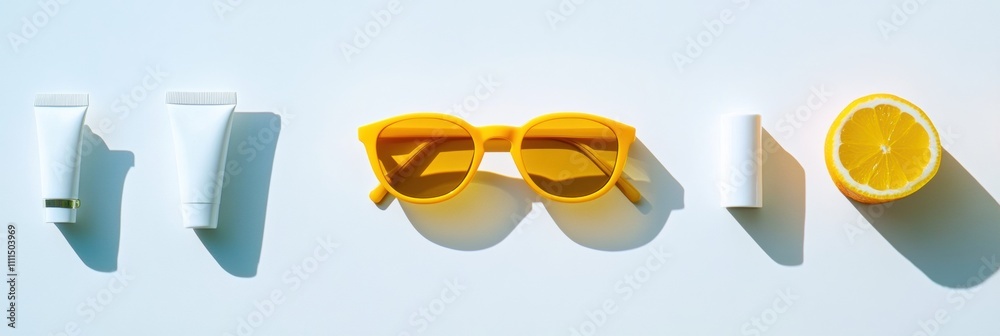 Aufkleber bright yellow sunglasses and sunscreen tubes are arranged on a white background with a slice of lemo