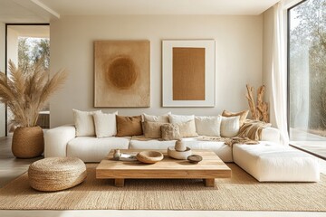 Scandinavian living room with neutral tones featuring modern couch and rustic wooden coffee table