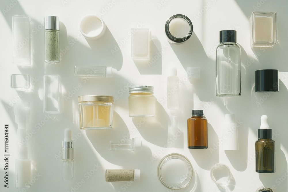 Poster various skin care containers featuring jars, tubes, and oils are elegantly displayed on a white back