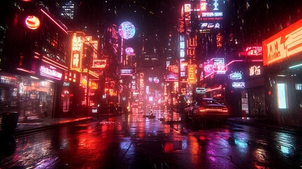 Obraz premium A cyberpunk-themed HUD with dynamic neon holographic overlays, glowing grid designs, intricate geometric patterns, and seamless depth effects, set in a futuristic neon-lit cityscape, hd quality.