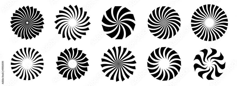 Aufkleber set of black circle rotating rays and beams. radial sunburst element pack. round spinning swirls, st
