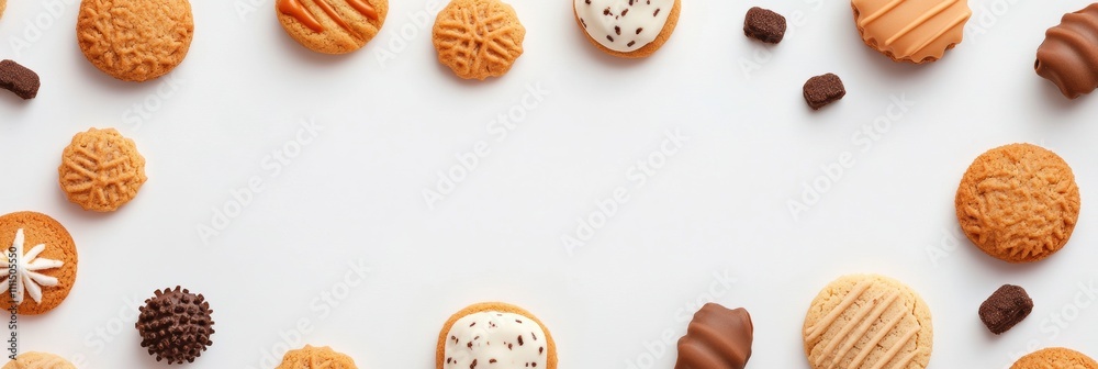 Poster Colorful and diverse selection of cookies and sweets is displayed on a clean white background, perfect for adding custom text or messages. Generative AI