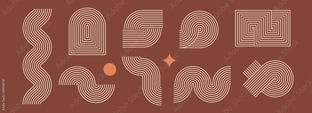 Poster Boho line element set. Brown wave, zigzag and arch form design. Middle century curves and arcs collection. Bohemian decorative ornamental shape bundle for badge, icon, poster, banner, template. Vector