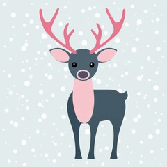 Cute cartoon reindeer in snowy scene.