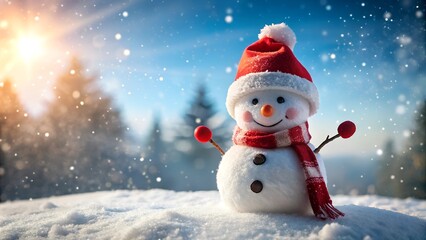 Snowman wearing a Santa hat and red scarf. standing on a pile of snow with a winter background. copy space christmas and winter decoration