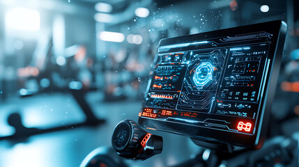 AI enhanced training equipment with digital interface in gym setting, showcasing advanced technology for fitness enthusiasts. vibrant display highlights data analytics