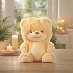 Obraz premium Cute plush teddy bear sitting on wooden table.