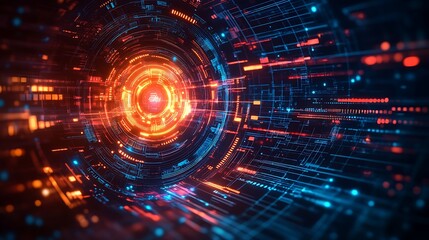 Obraz premium A futuristic cyberpunk HUD featuring neon holographic overlays, detailed geometric grids, pulsating light trails, and vibrant neon gradients, set against a dark urban tech-inspired backdrop,