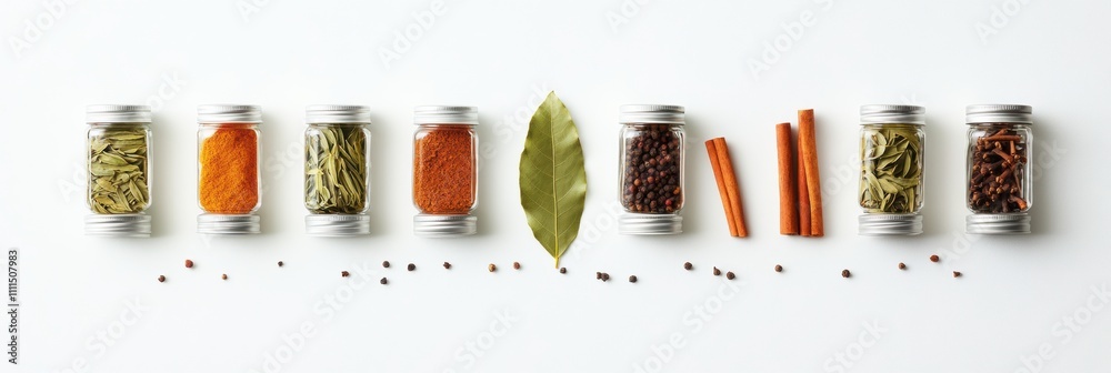Fototapete Colorful spice jars lined up with bay leaves and cinnamon sticks offer a visually appealing and aromatic experience with space for text. Generative AI