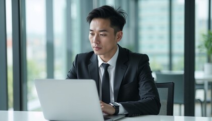 Fototapeta premium Professional Asian man in suit working on laptop in modern office