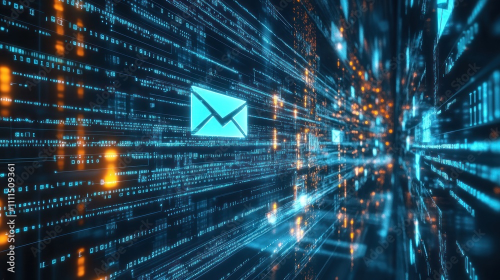 Poster digital environment with email icons and data streams