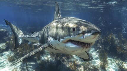 Dangerous Great white shark underwater eating fish