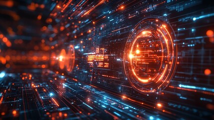 Obraz premium A futuristic holographic data interface with glowing neon streams, intricate geometric overlays, and seamless depth animations, set against a dark and sleek high-tech background, hd quality.